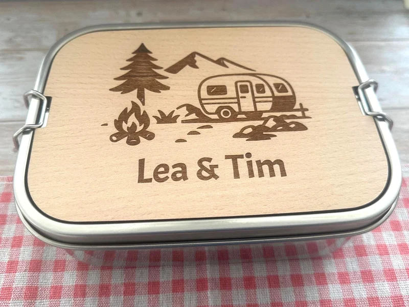 Personalisierte Brotdose Edelstahl, mit Namen, Outdoor & Camping, wasserdicht mit Trennsteg und Schneidebrett – Vanlife