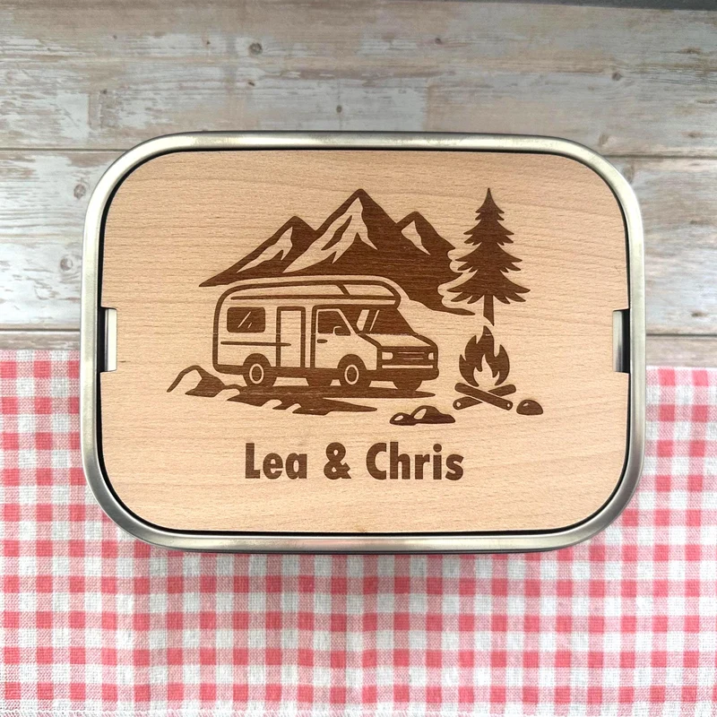 Personalisierte Brotdose Edelstahl, mit Namen, Outdoor & Campervan, wasserdicht mit Trennsteg und Schneidebrett