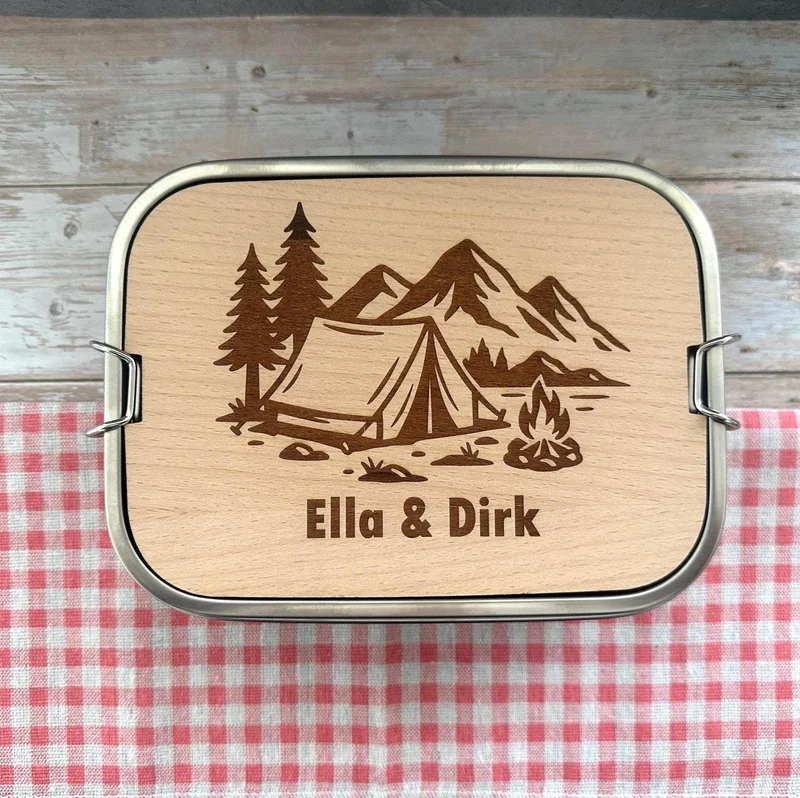 Personalisierte Brotdose Edelstahl, mit Namen, Outdoor & Camping, wasserdicht mit Trennsteg und Schneidebrett