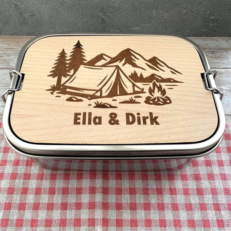 Personalisierte Brotdose Edelstahl, mit Namen, Outdoor & Camping, wasserdicht mit Trennsteg und Schneidebrett