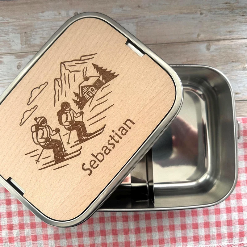 Personalisierte Brotdose Edelstahl, mit Namen, Outdoor & Skifahren, wasserdicht mit Trennsteg und Schneidebrett - Skifahrer