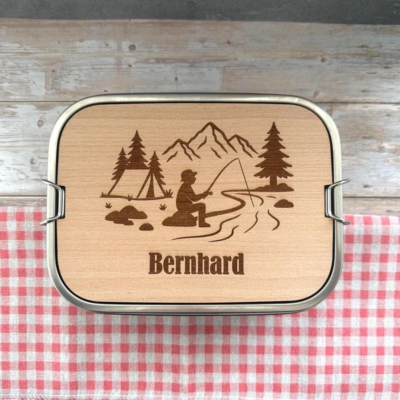 Personalisierte Brotdose Edelstahl, mit Namen, Angeln & Outdoor, wasserdicht mit Trennsteg und Schneidebrett - Angeln und Fischen