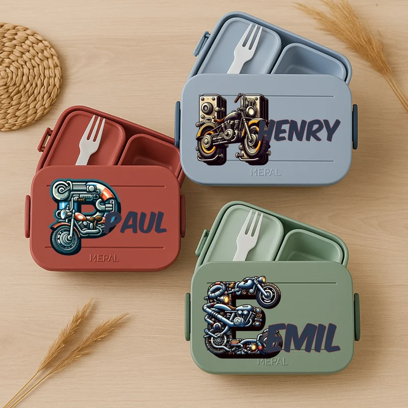 Personalisierte Brotdose mit Namen Motorrad Motiv für Kinder
