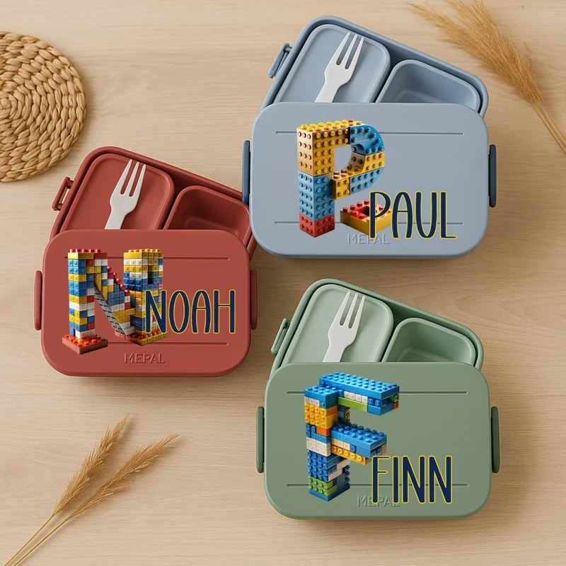 Personalisierte Brotdose mit Namen Baustein Motiv für Kinder