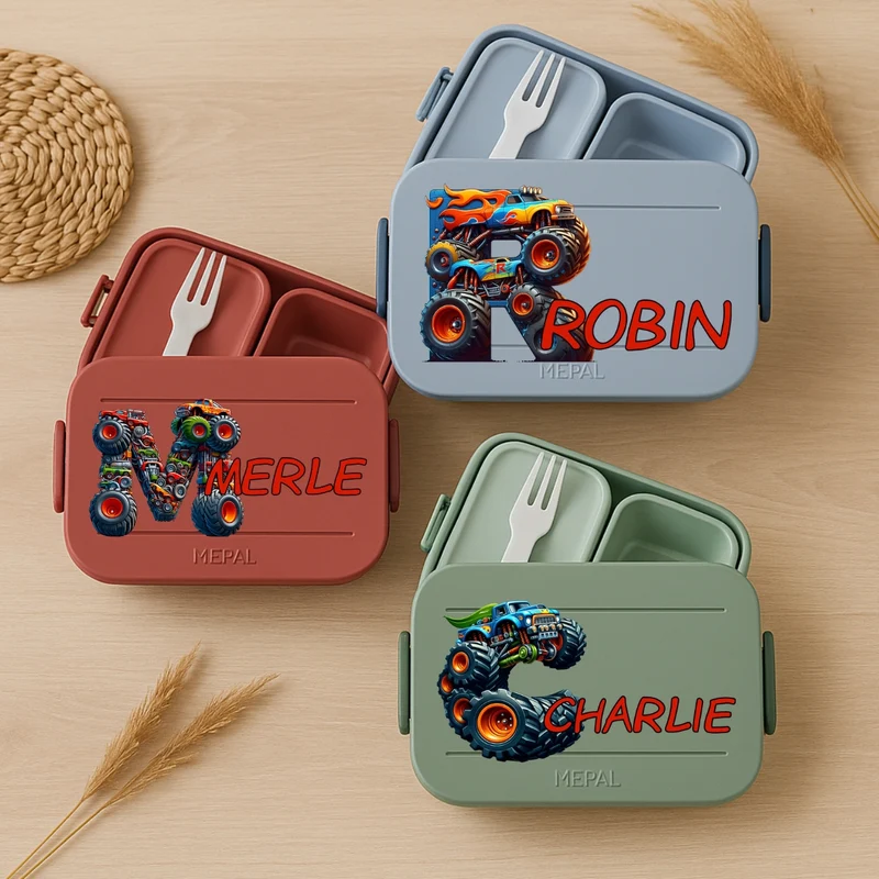 Personalisierte Brotdose mit Namen Monstertrack Motiv für Kinder