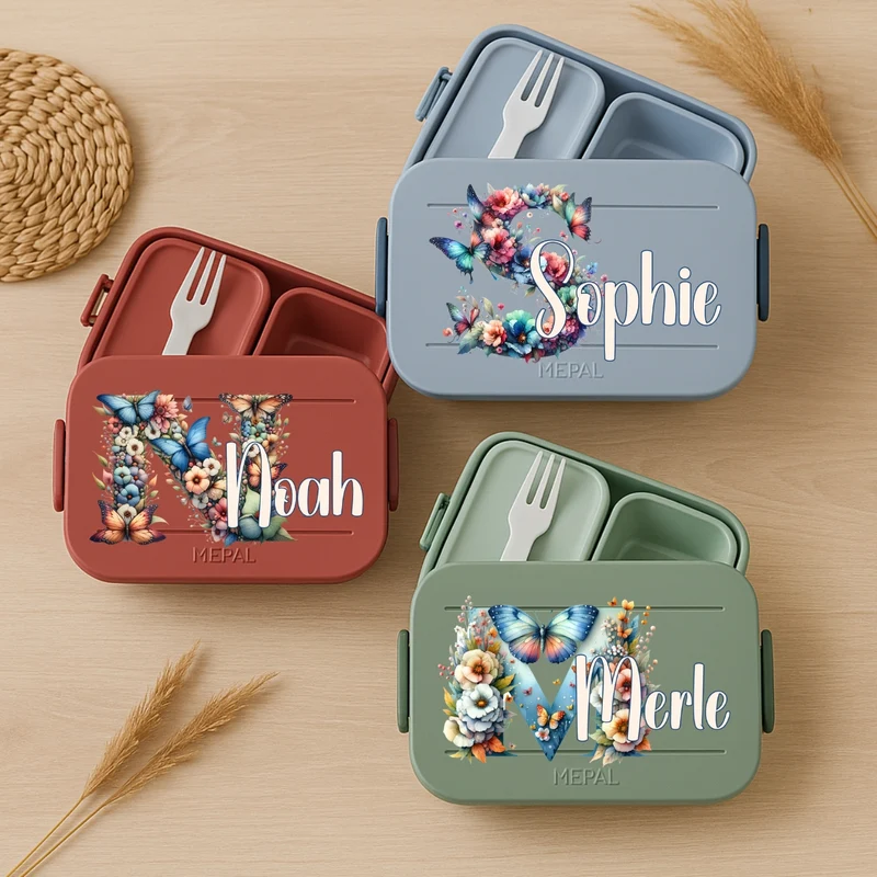 Personalisierte Brotdose mit Namen Blume Schmetterling Motiv