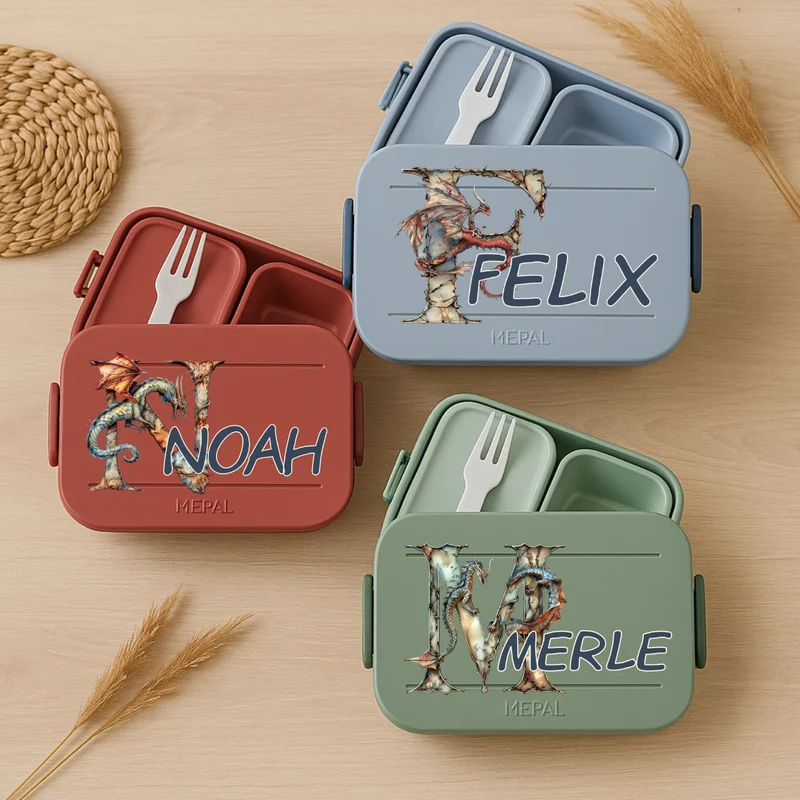 Personalisierte Brotdose mit Namen Drache Motiv für Kinder