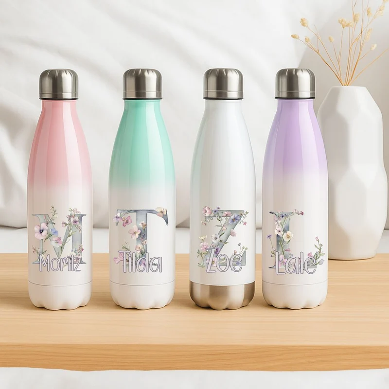 Personalisierte Thermoflasche Kinder mit Namen Blumenmotiv
