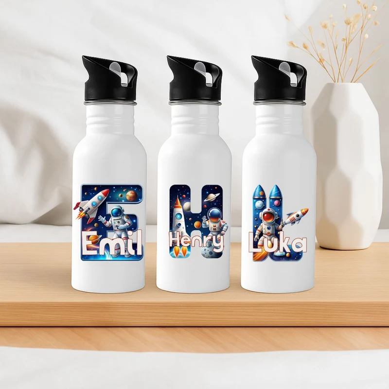 Personalisierte Trinkflasche mit Strohhalm Kinder Astronaut mit Namen Schule