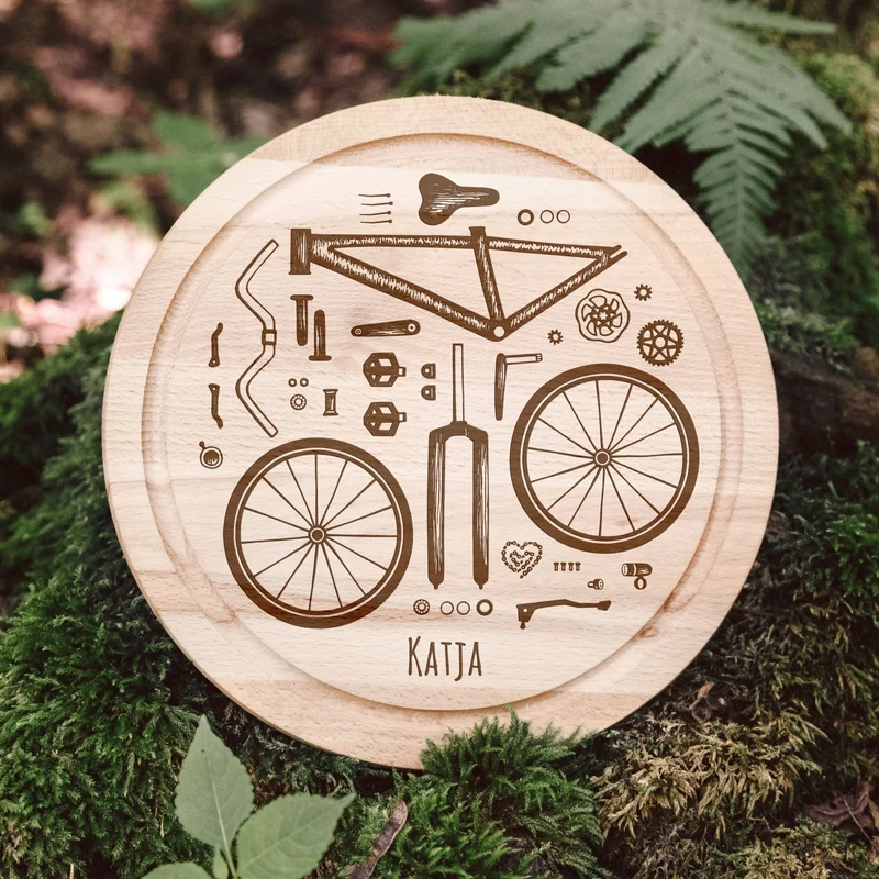 Rundes Holzbrett - Fahrradteile & Wunschname
