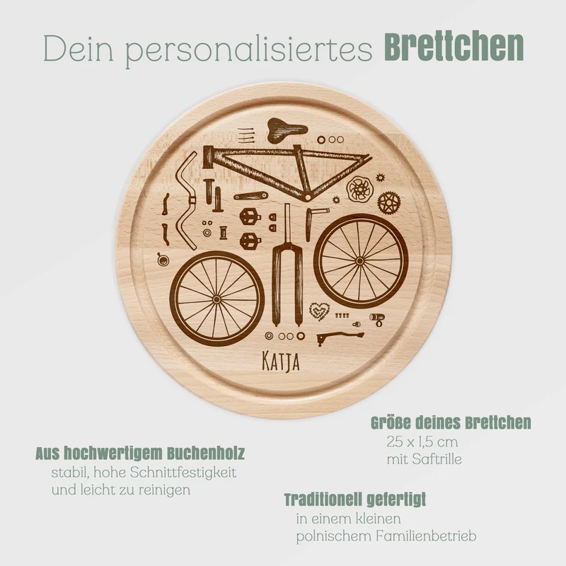 Rundes Holzbrett - Fahrradteile & Wunschname