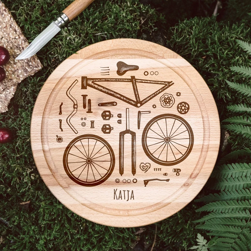 Rundes Holzbrett - Fahrradteile & Wunschname