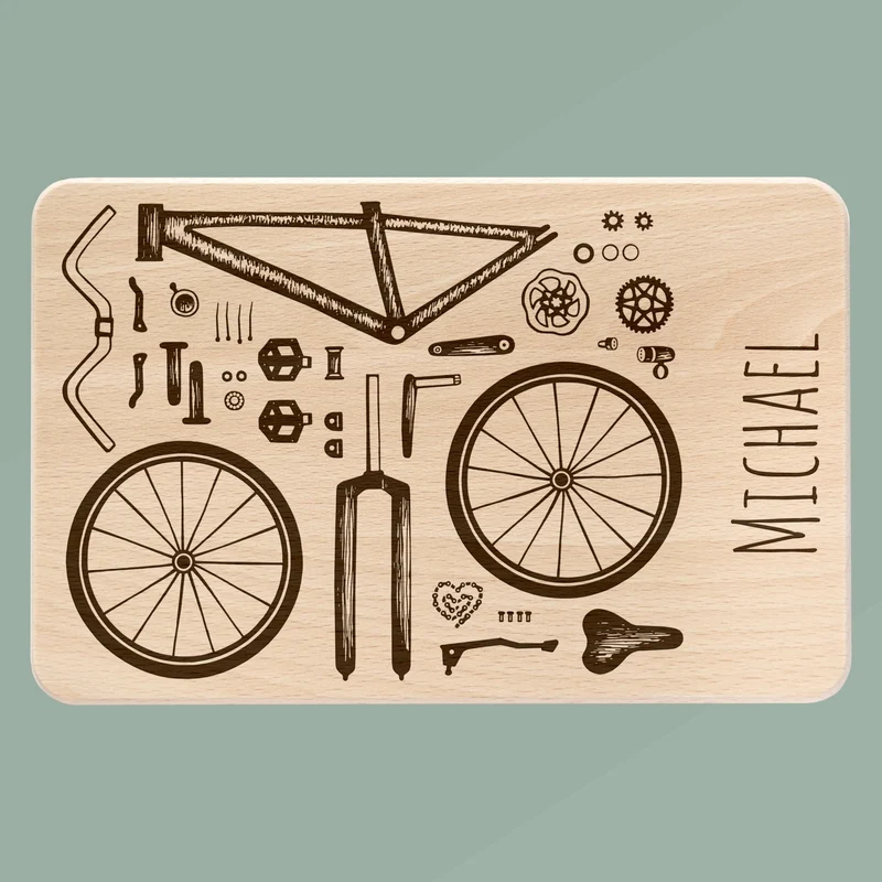 Frühstücksbrett Holz - Fahrradteile + Wunschname