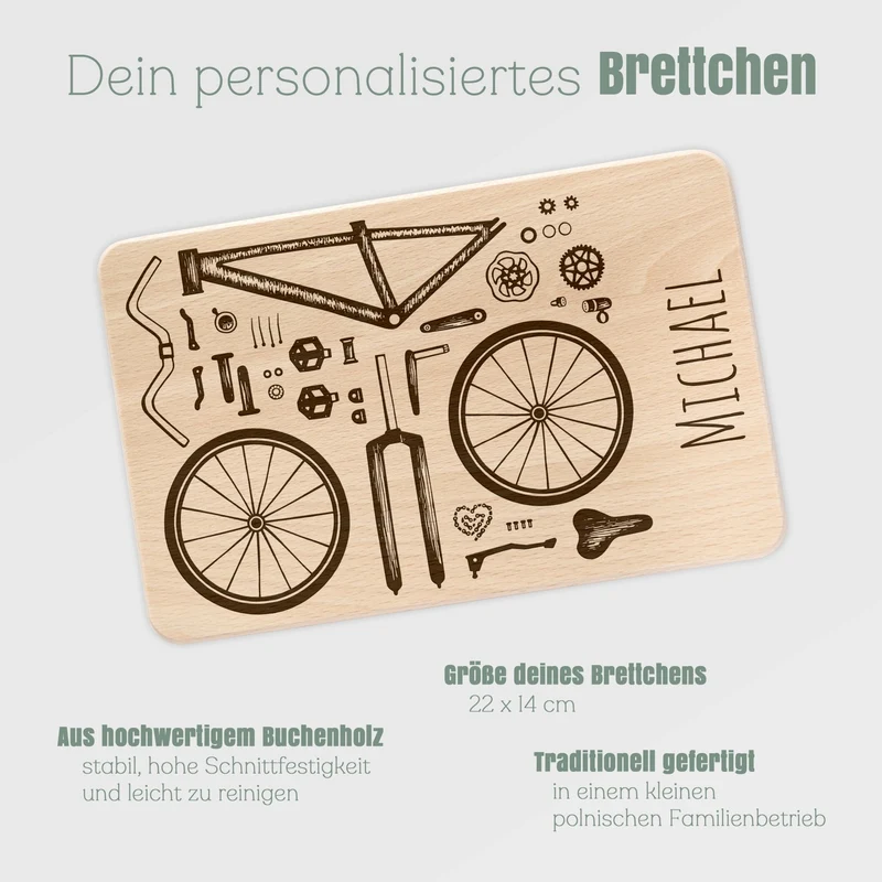 Frühstücksbrett Holz - Fahrradteile + Wunschname
