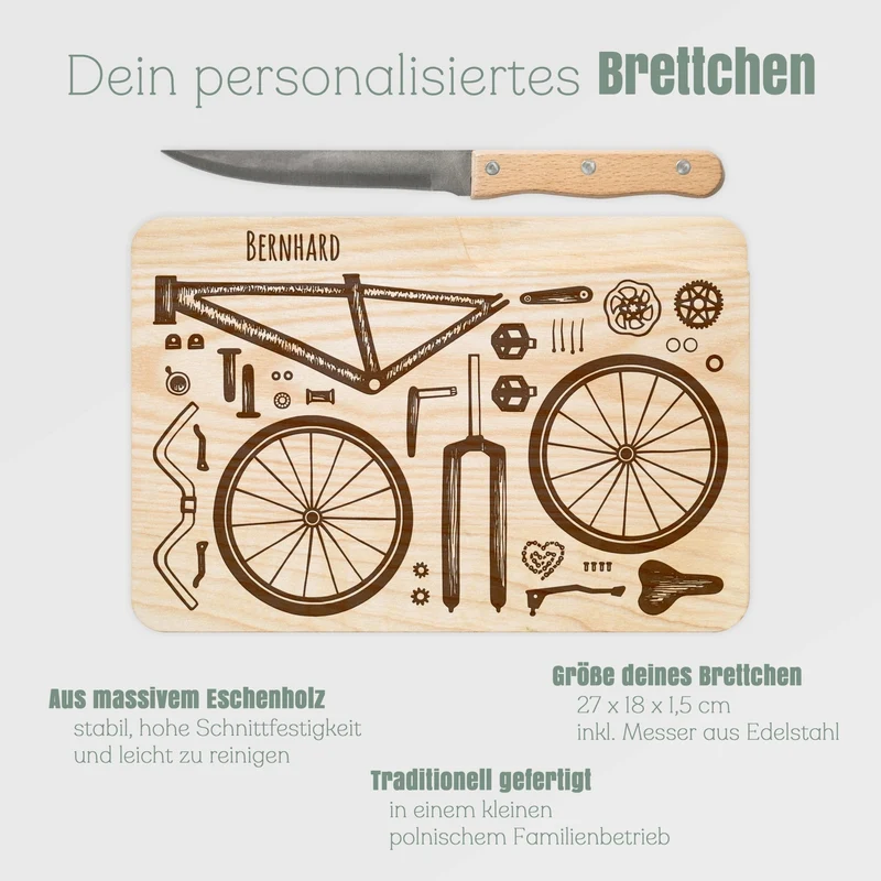Brotzeitbrett mit Messer - Fahrradteile & Wunschname