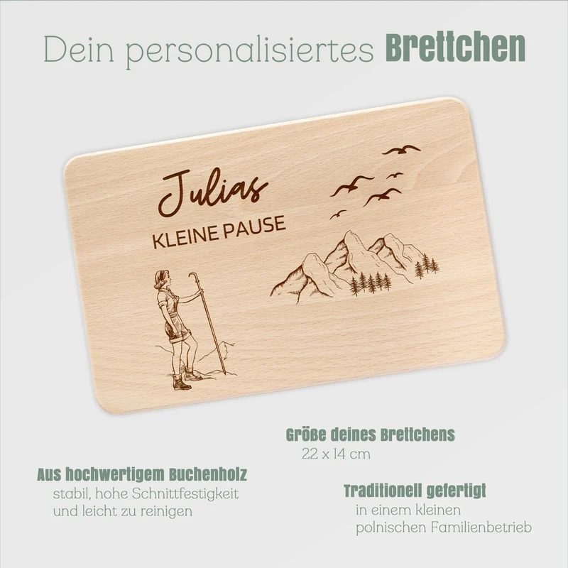 Frühstücksbrett Holz - Wanderin Kleine Pause