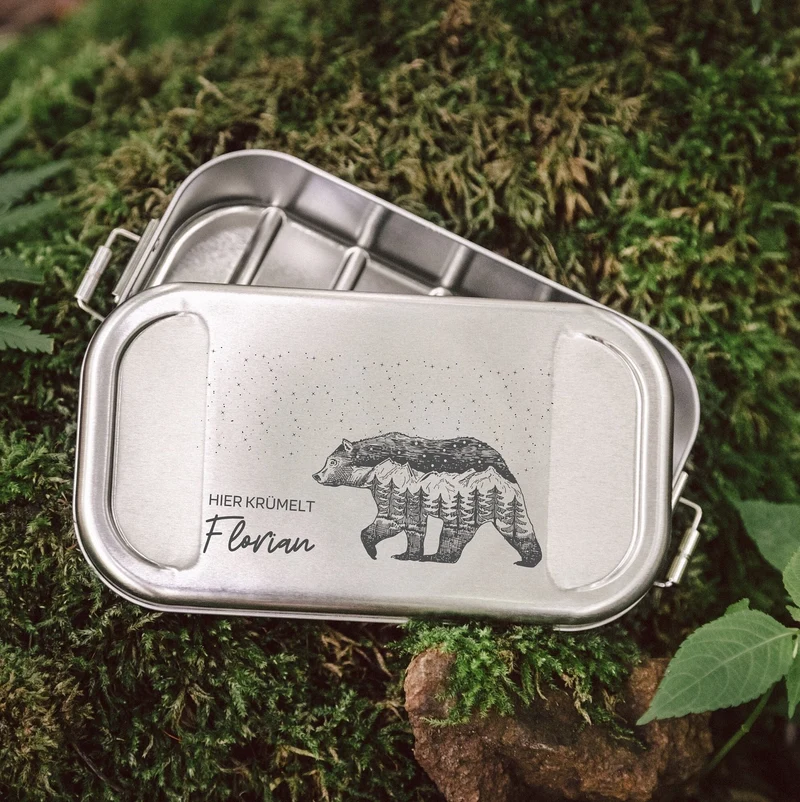 Brotdose Edelstahl silber - Bär Berge
