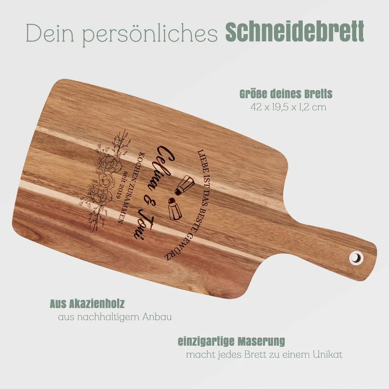 Akazienbrett mit Griff personalisiert - Liebe ist das beste Gewürz