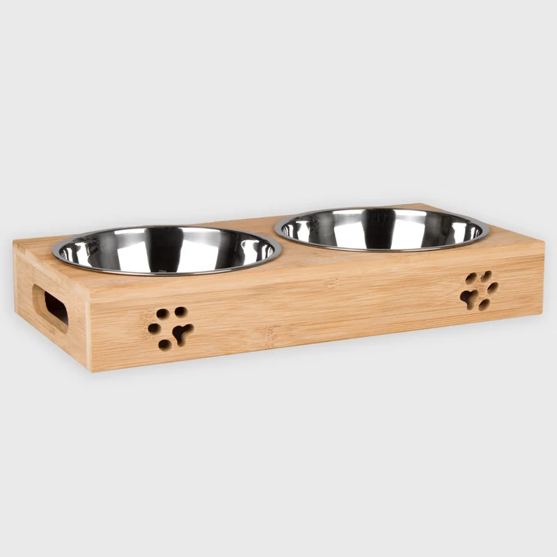 Futternapf Hund & Katze – Futterstation Bambus | Fressnapf mit 2 Näpfen aus Edelstahl - 3 Größen