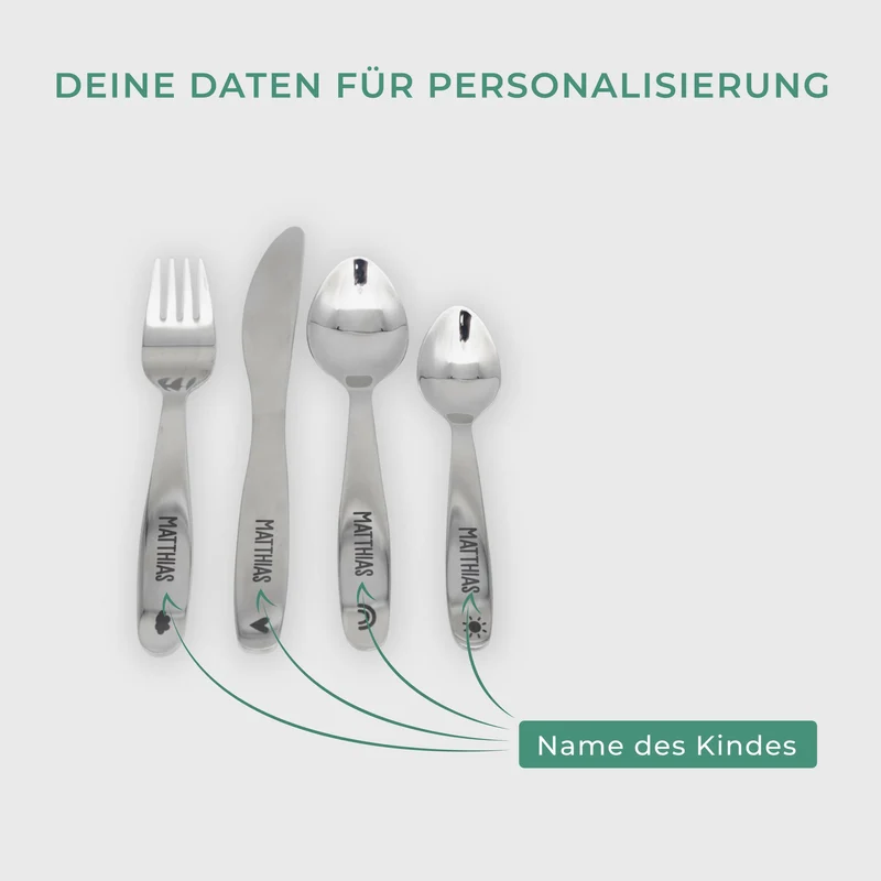 Personalisiertes 4-dinge Kinderbesteck mit Gravur - Regenbogen Motiv