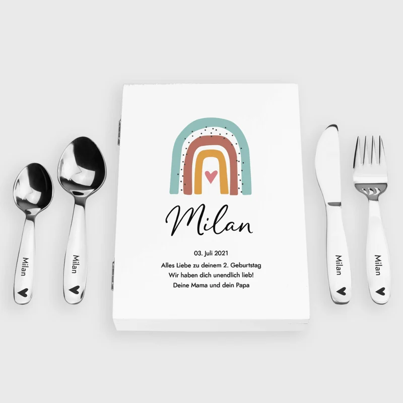 Kinderbesteck personalisiert mit Namen - Besteckset Regenbogen Motiv | Taufgeschenk für Kinder - Geschenk zur Taufe für Jungs & Mädchen, weiß Kiste