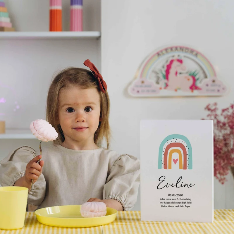Kinderbesteck personalisiert mit Namen - Besteckset Regenbogen Motiv | Taufgeschenk für Kinder - Geschenk zur Taufe für Jungs & Mädchen, weiß Kiste