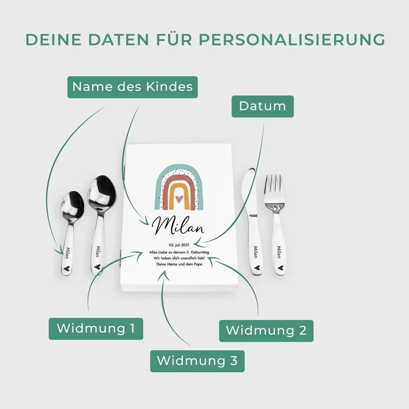 Kinderbesteck personalisiert mit Namen - Besteckset Regenbogen Motiv | Taufgeschenk für Kinder - Geschenk zur Taufe für Jungs & Mädchen, weiß Kiste