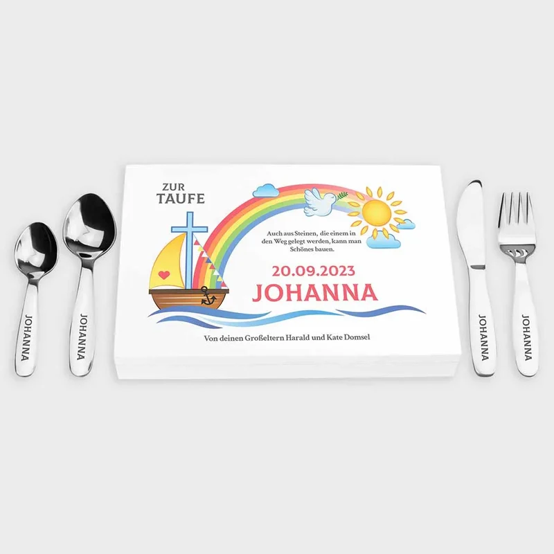 Kinderbesteck personalisiert mit Namen - Besteckset Nach der Sintflut | Taufgeschenk für Kinder - Geschenk zur Taufe für Jungs & Mädchen, weiße Kiste