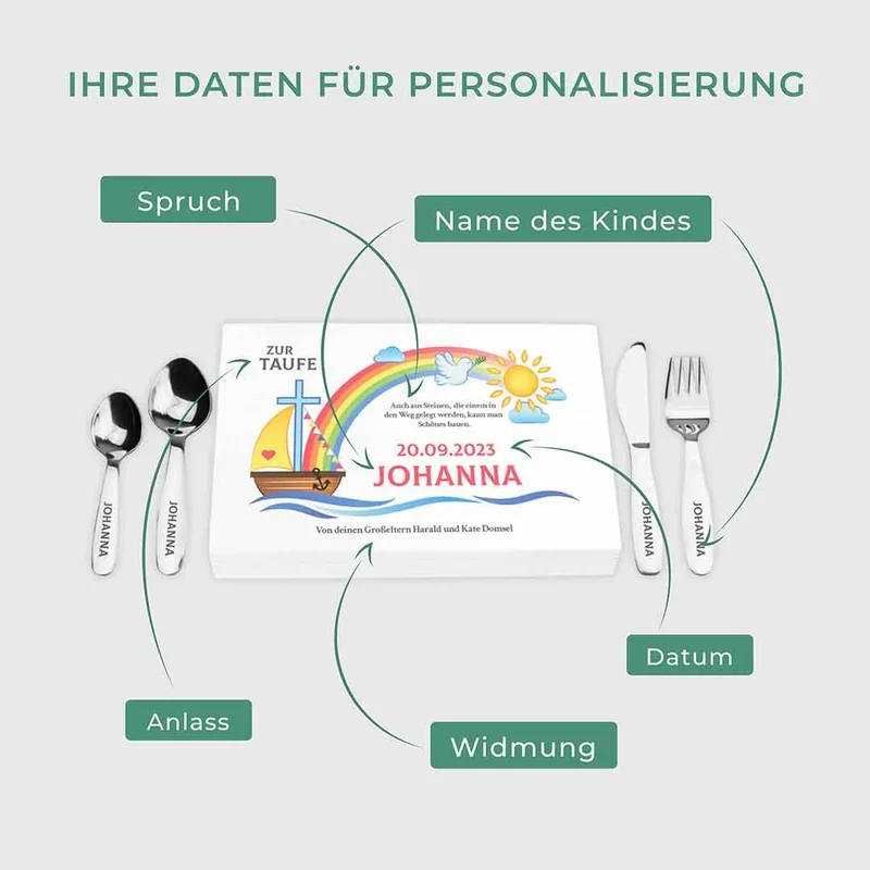 Kinderbesteck personalisiert mit Namen - Besteckset Nach der Sintflut | Taufgeschenk für Kinder - Geschenk zur Taufe für Jungs & Mädchen, weiße Kiste