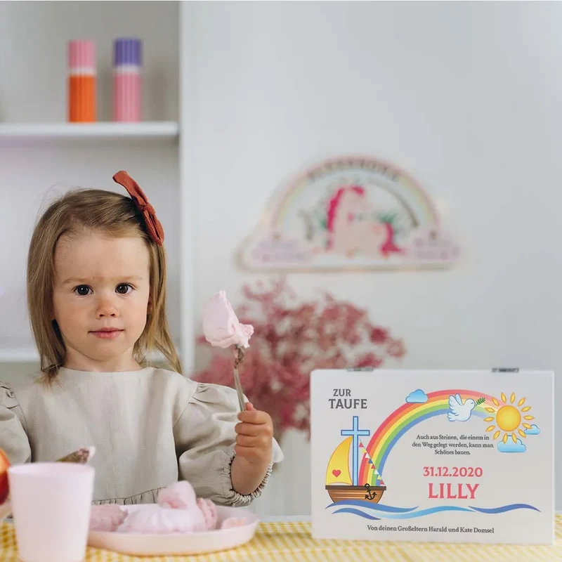 Kinderbesteck personalisiert mit Namen - Besteckset Nach der Sintflut | Taufgeschenk für Kinder - Geschenk zur Taufe für Jungs & Mädchen, weiße Kiste