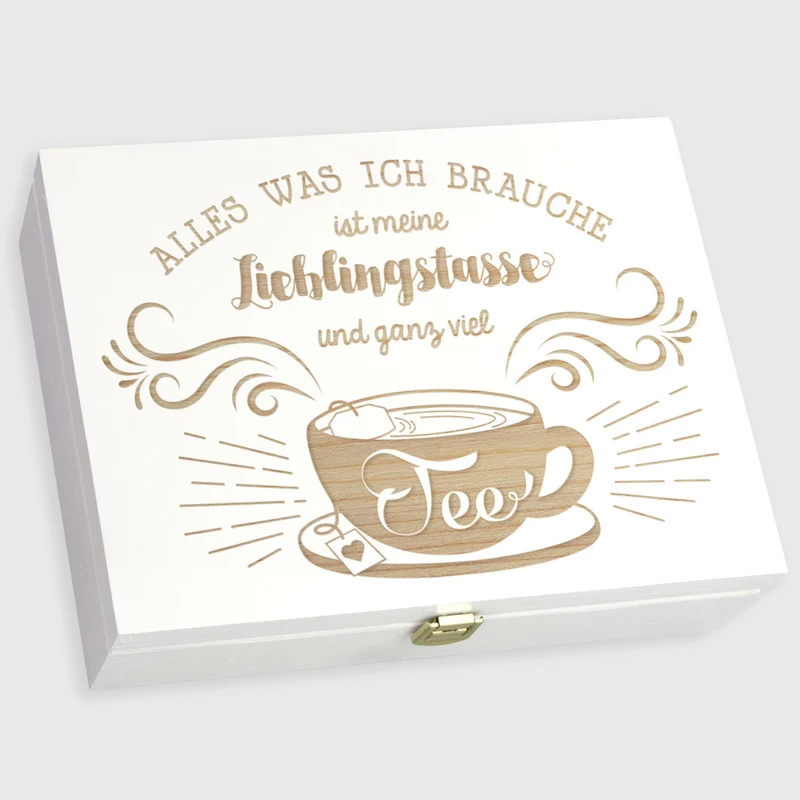 Teebox aus Holz weiß - ca. 29 x 22 x 8 cm groß - Lieblingstasse Motiv - Teekiste für Teebeutel | 12 Fächer Kiste Box Organizer für Tee
