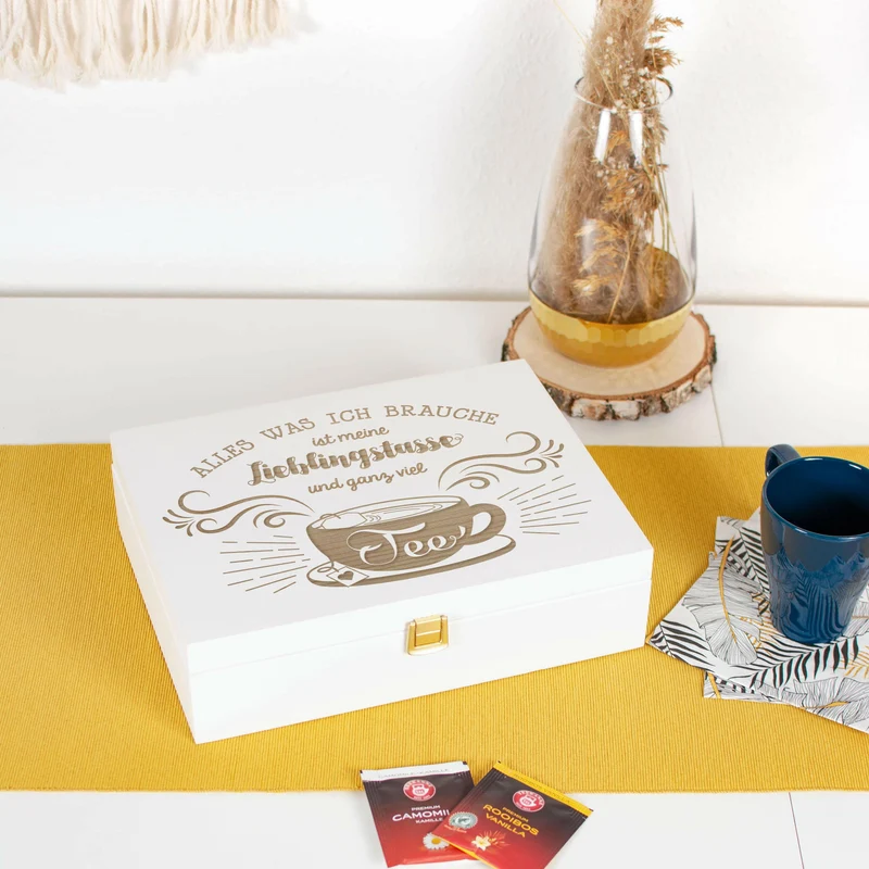 Teebox aus Holz weiß - ca. 29 x 22 x 8 cm groß - Lieblingstasse Motiv - Teekiste für Teebeutel | 12 Fächer Kiste Box Organizer für Tee