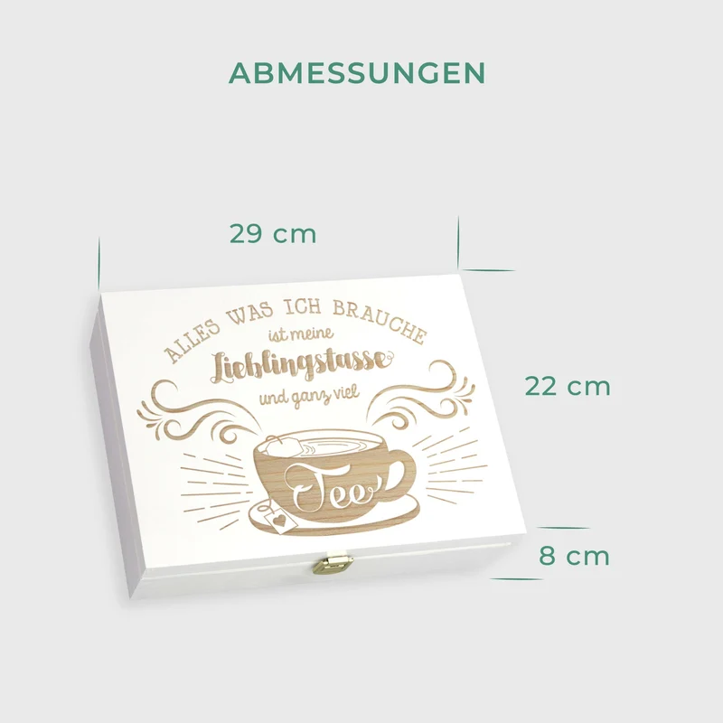 Teebox aus Holz weiß - ca. 29 x 22 x 8 cm groß - Lieblingstasse Motiv - Teekiste für Teebeutel | 12 Fächer Kiste Box Organizer für Tee