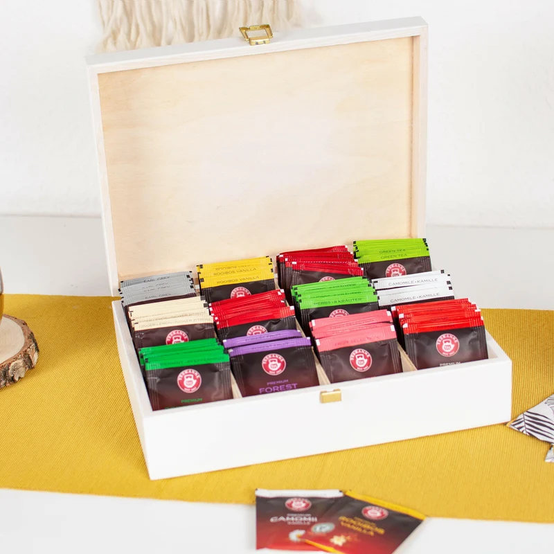 Teebox aus Holz weiß - ca. 29 x 22 x 8 cm groß - Lieblingstasse Motiv - Teekiste für Teebeutel | 12 Fächer Kiste Box Organizer für Tee