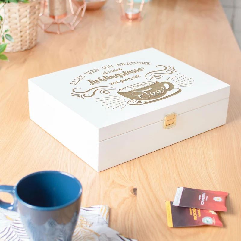 Teebox aus Holz weiß - ca. 29 x 22 x 8 cm groß - Lieblingstasse Motiv - Teekiste für Teebeutel | 12 Fächer Kiste Box Organizer für Tee