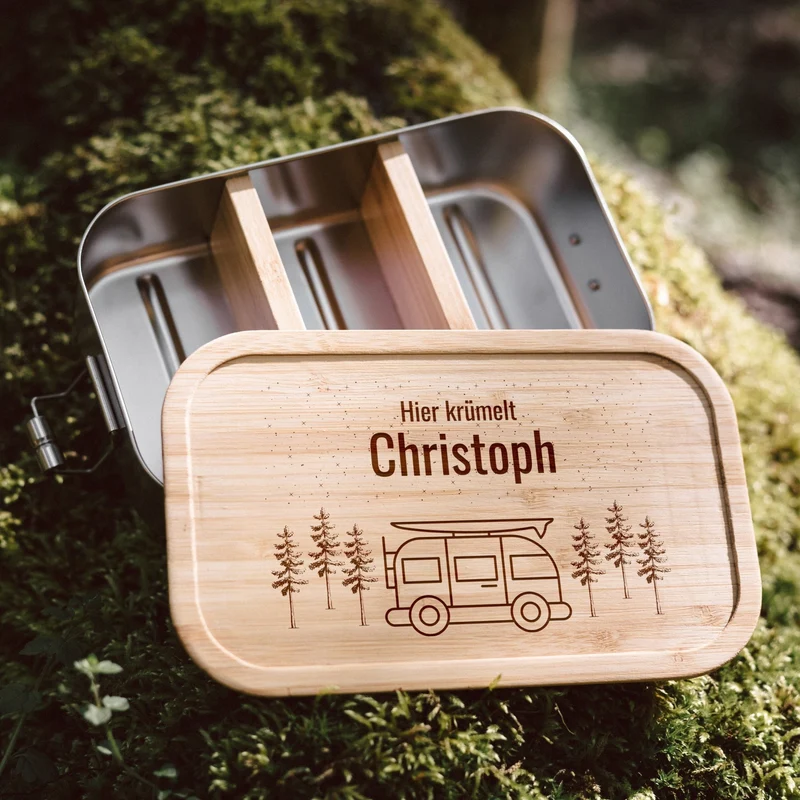 Brotdose Edelstahl personalisiert - Camper Wald