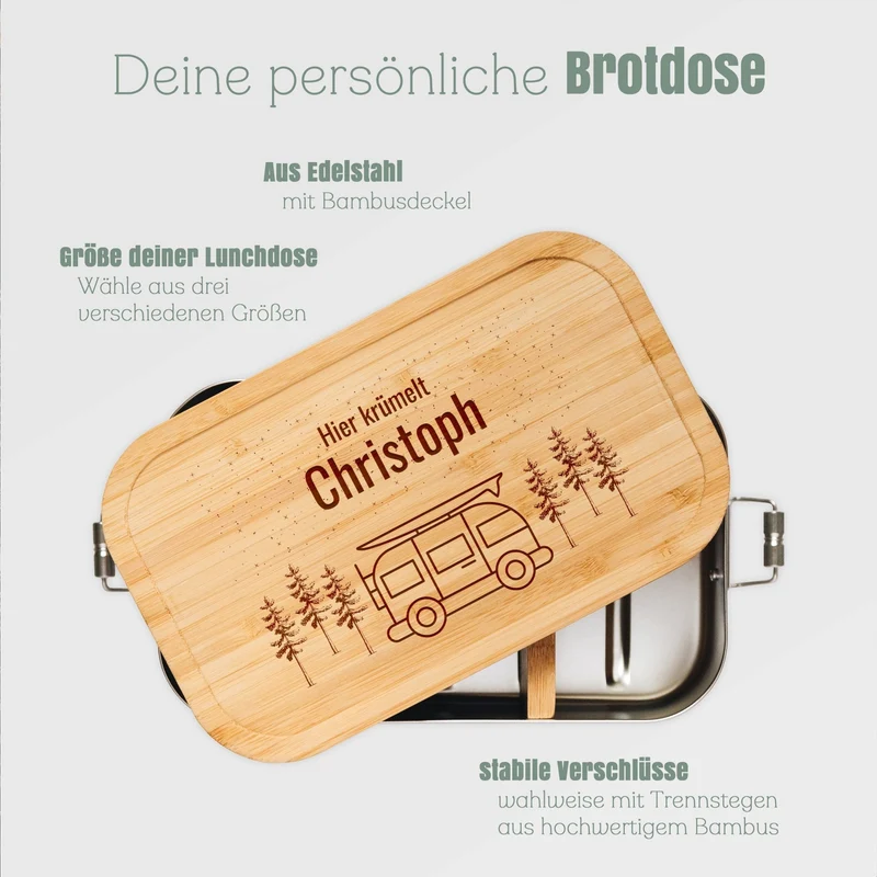 Brotdose Edelstahl personalisiert - Camper Wald