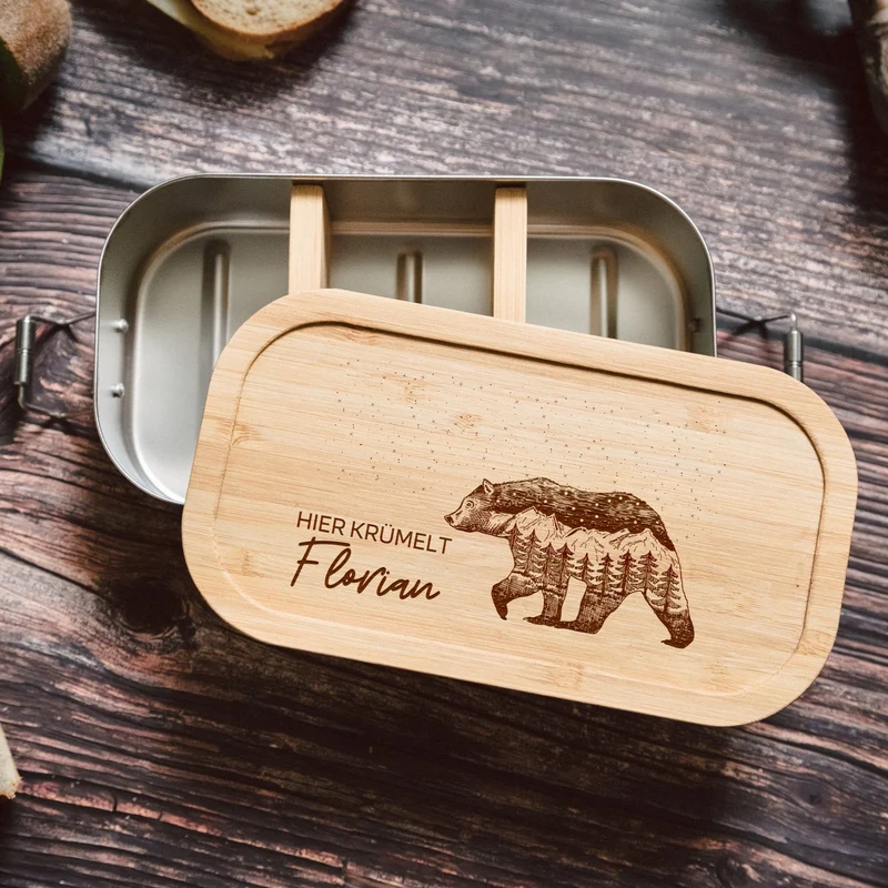 Brotdose Edelstahl personalisiert - Bär Berge