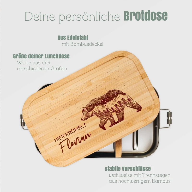 Brotdose Edelstahl personalisiert - Bär Berge