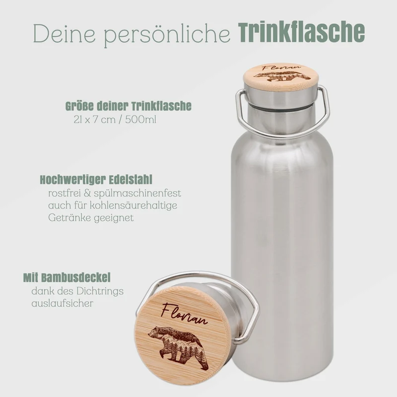 Trinkflasche Edelstahl personalisiert - Bär Berge