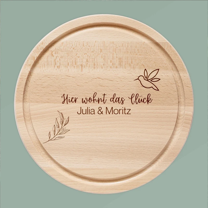 Rundes Holzbrett - Hier wohnt das Glück Namen