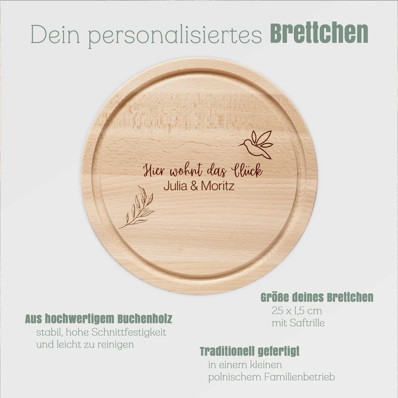 Rundes Holzbrett - Hier wohnt das Glück Namen