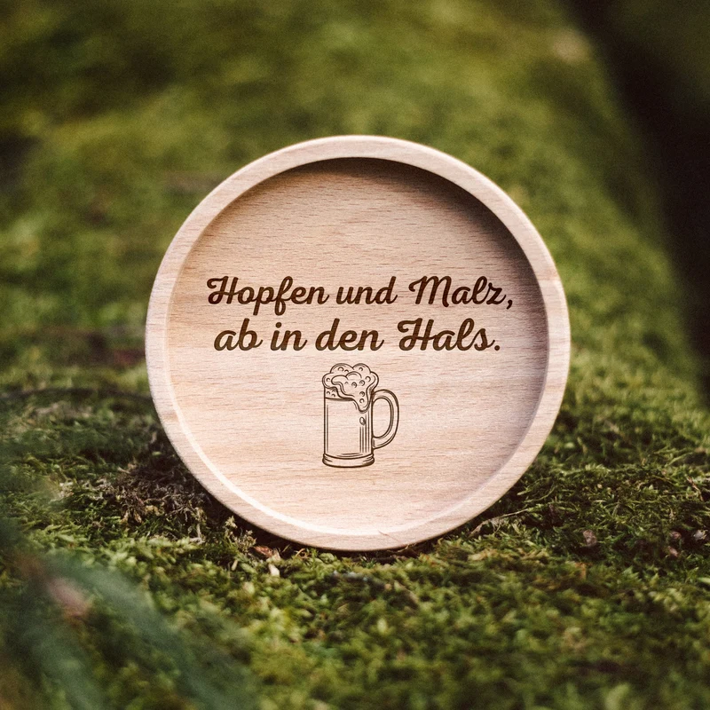 Glasuntersetzer Holz - Hopfen und Malz, ab in den Hals.