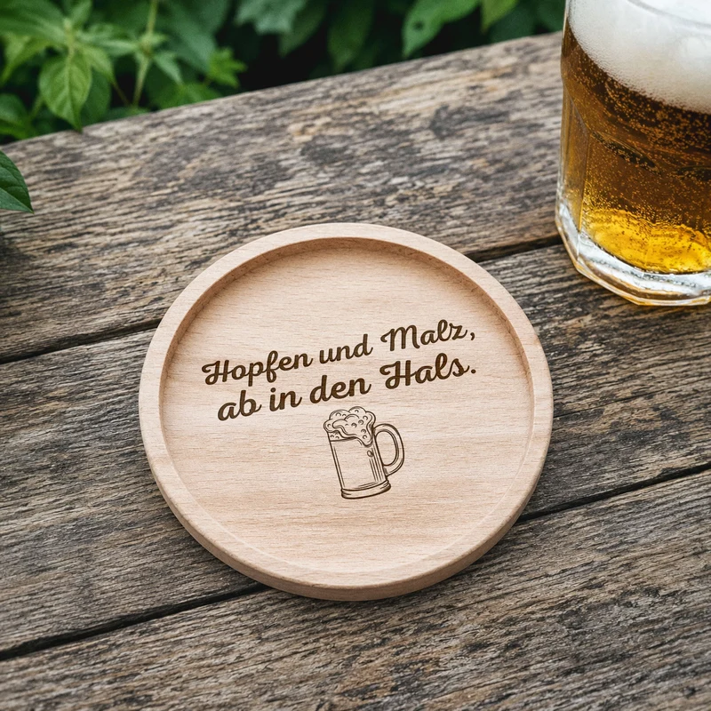 Glasuntersetzer Holz - Hopfen und Malz, ab in den Hals.