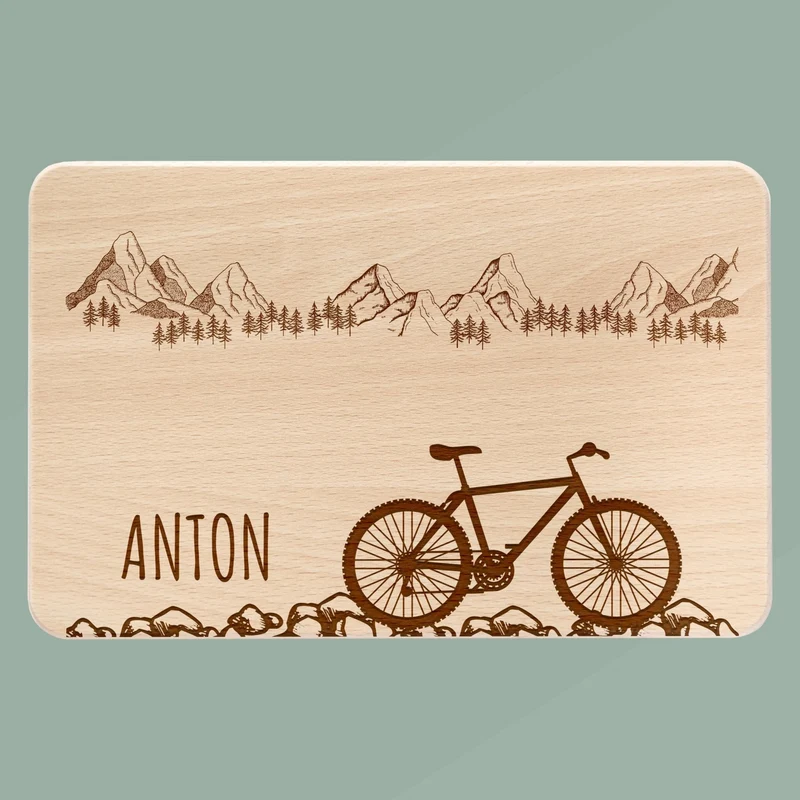 Frühstücksbrett Holz - Fahrrad Kieselsteine