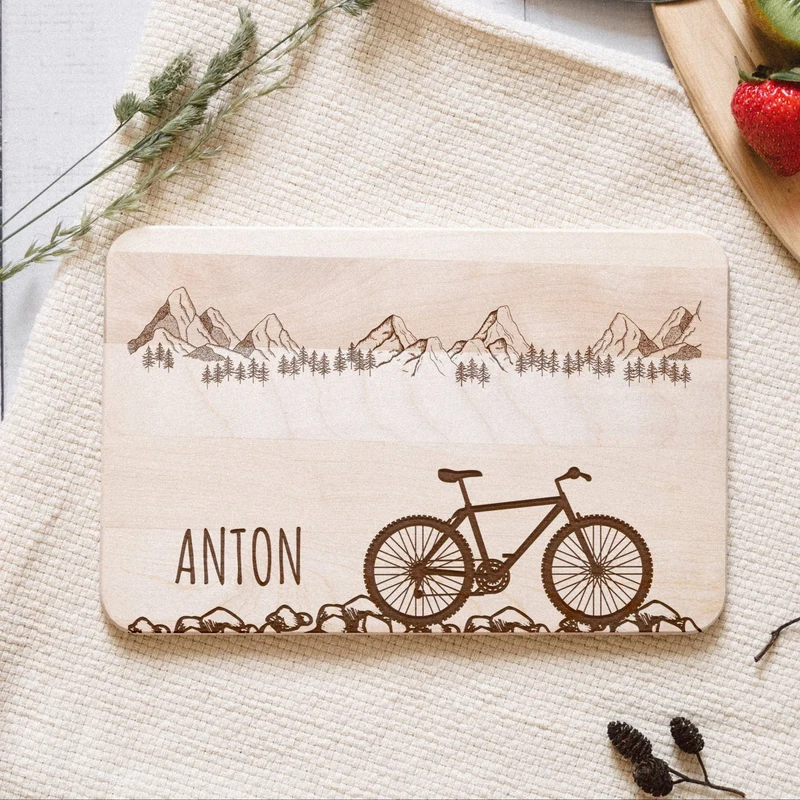 Frühstücksbrett Holz - Fahrrad Kieselsteine
