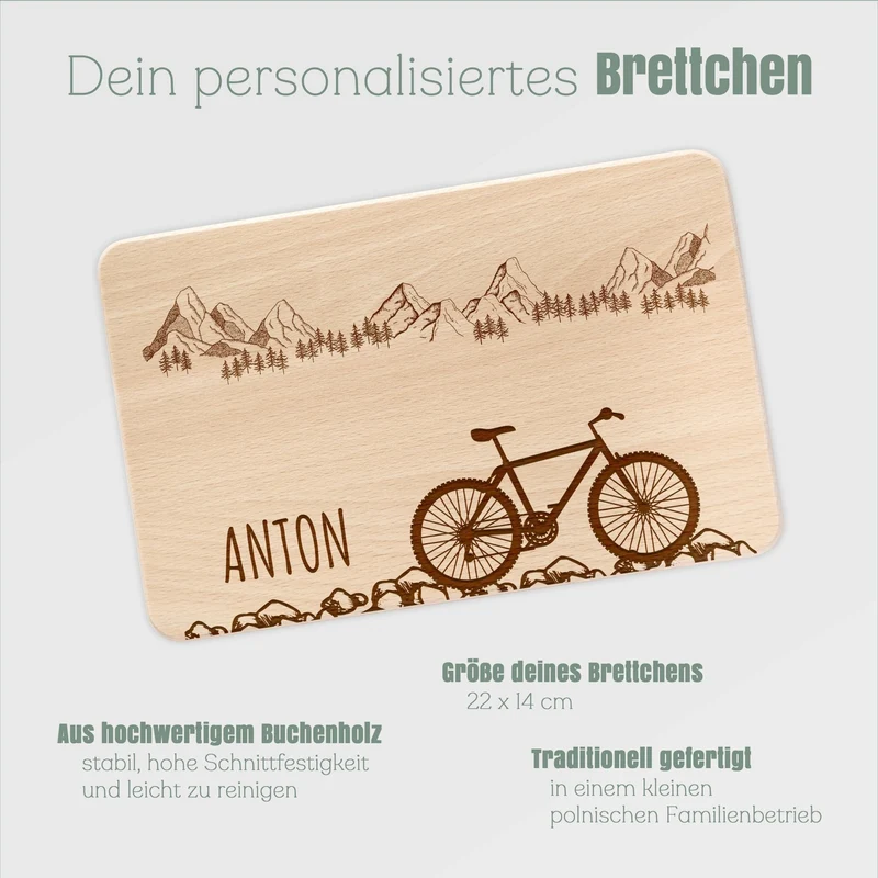 Frühstücksbrett Holz - Fahrrad Kieselsteine