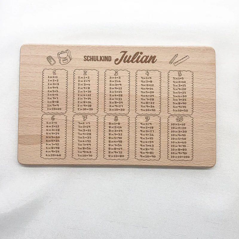 Kinder-Frühstücksbrett "1 × 1" personalisiert mit Namen - Geschenk zur Einschulung