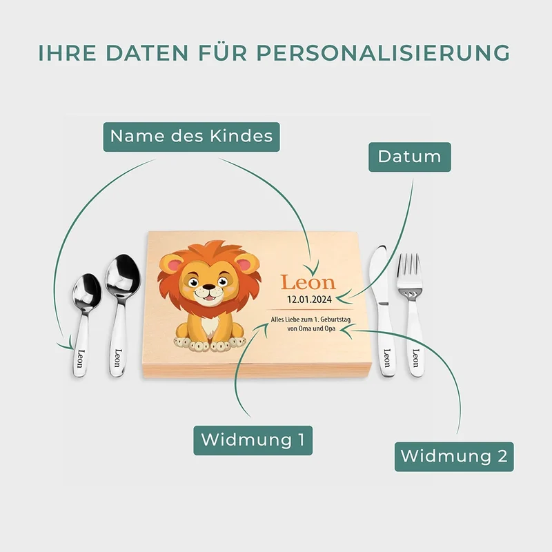 Kinderbesteck personalisiert mit Namen - Besteckset Löwe Motiv | Taufgeschenk für Kinder - Geschenk zur Taufe für Jungs & Mädchen, natur Kiste