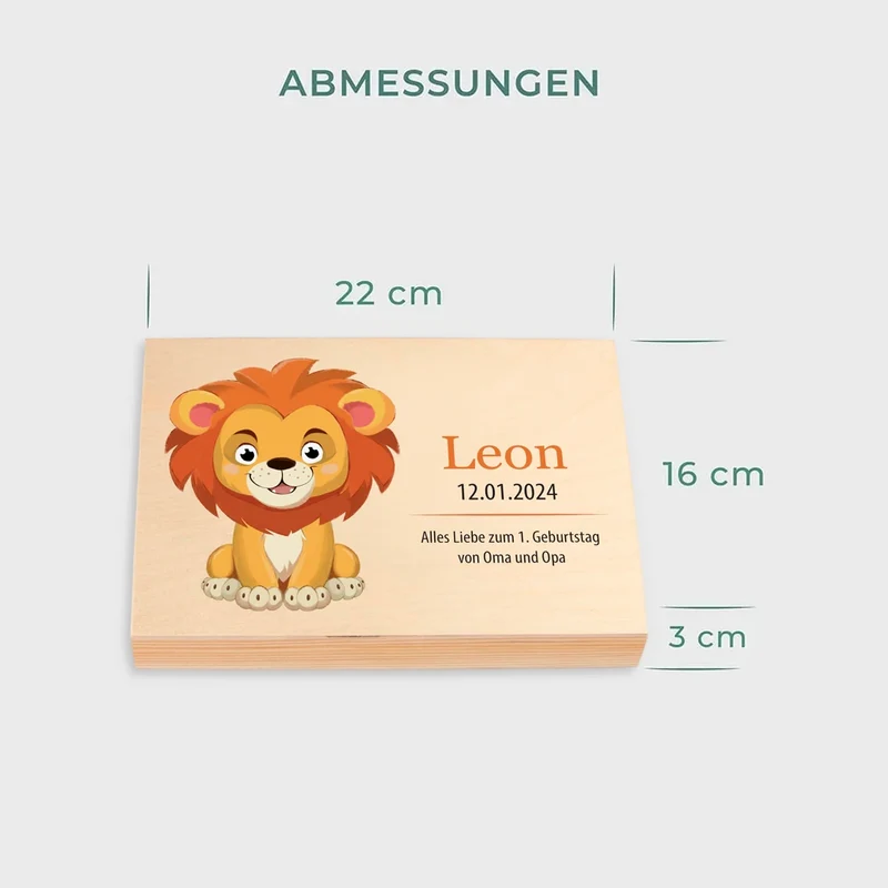 Kinderbesteck personalisiert mit Namen - Besteckset Löwe Motiv | Taufgeschenk für Kinder - Geschenk zur Taufe für Jungs & Mädchen, natur Kiste